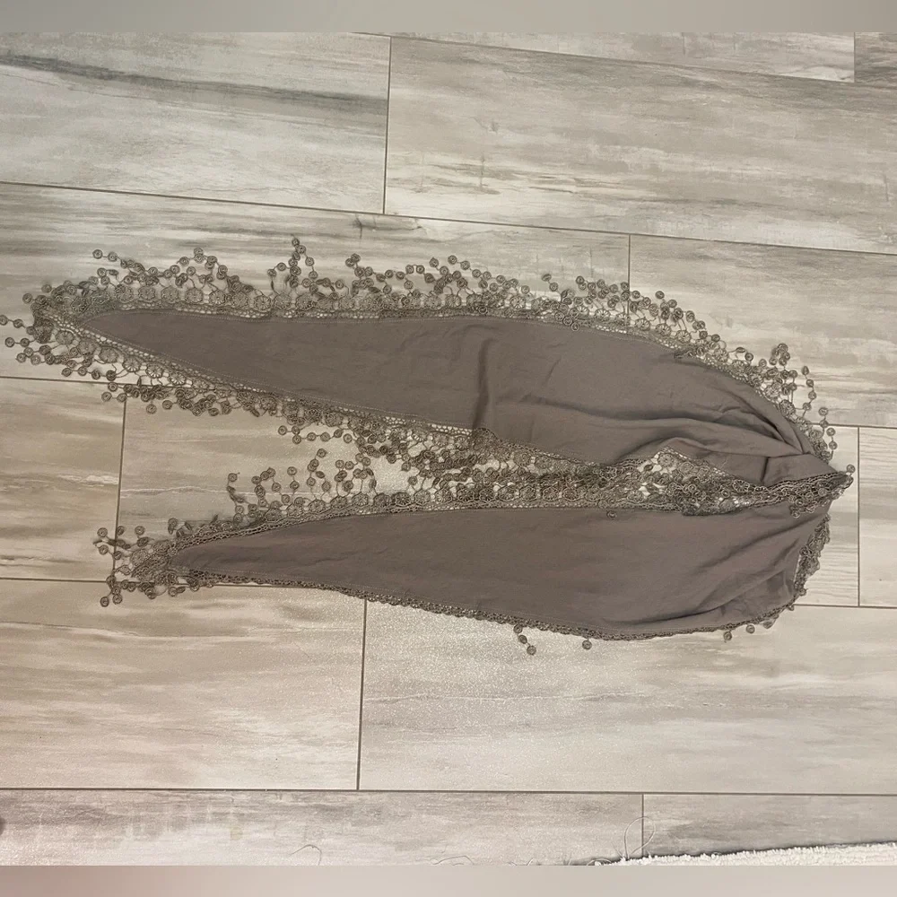 Gray Pointed End Decorative Scarf with Delicate Lace Fringe, one size fits most